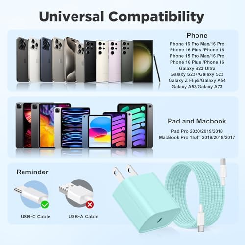 Rapid Charge 3-Pack USB-C Fast Charger Kit for i Phone 15 & 16 Pro Max – 20 W Power Blocks with Robust 6 ft & 10 ft Braided Cables – Ultra-Fast Charging Solution for i Pad Pro 13/12.9 – Sleek, Portable Wall Charger for Everyday Convenience