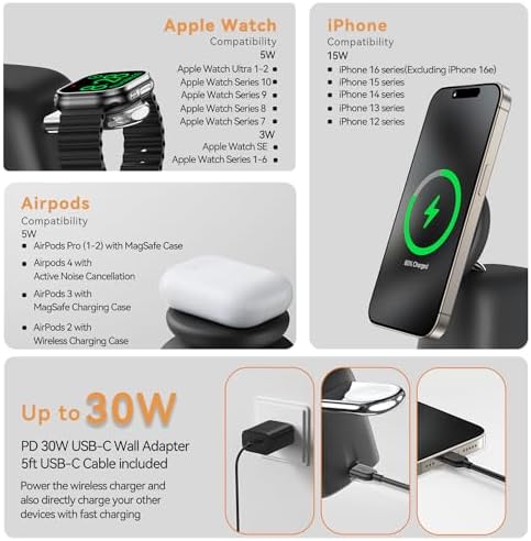 Advanced Wireless Charging Station: 15 W Fast Mag-Safe Charger for i Phone 16/15/14/13/12 Series & 5 W Magnetic Stand for Apple Watch Ultra/SE/Air Pods – Compact 2-in-1 Travel Solution in Sleek Black for Ultimate Device Compatibility and Efficiency