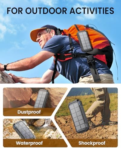 Riapow 27000 m Ah Solar Power Bank: Ultimate Wireless Portable Charger with Fast 22.5 W Charging, Built-in Cables, PD & QC3.0 for i Phone & Tablets, Enhanced Emergency Flashlight, Durable Black Design for Outdoor Adventures and Daily Use