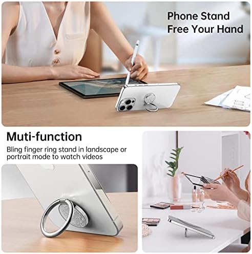 Sparkling 360° Rotation Phone Ring Holder – Bling Bling Finger Kickstand for Enhanced Grip and Stability – Premium Zinc Alloy Design for i Phone, Samsung, Pixel & All Smartphones – Secure Adhesive, Versatile Stand, and Magnetic Car Mount Compatible – Glitter Silver Finish for a Touch of Elegance