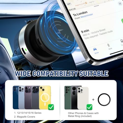 Nixie Phone Holder 360° Adjustable Electric Vacuum Magnetic Suction Cup Phone Mount,15W Wireless Charger Car Magnetic Phone Mount,Hands-Free Magnetic Cell Phone Holder for MagSafe iPhone – Enhanced Compatibility and Speed