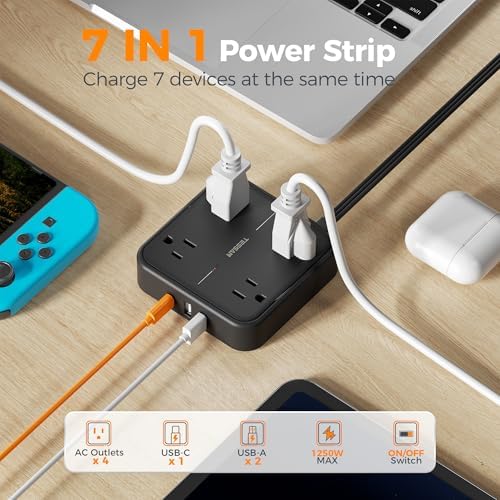 TESSAN 5 FT Flat Extension Cord Surge Protector – 4 Outlet Power Strip with 3 USB C Ports (1 USB C) for Fast Charging, 900 Joules Electronics Protection, Space-Saving Design for Home, Office, and Dorm Use, Enhanced Compatibility and Efficiency