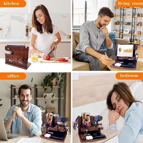 Gifts for Men Women Dad Husband Boyfriend Wood Phone Docking Station Nightstand Organizer for Men Birthday Gifts (Dark Brown) – Enhanced Compatibility and Speed