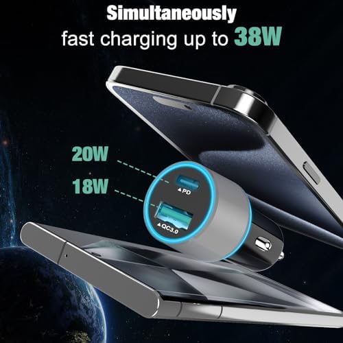Dual Port 38 W USB-C Car Charger (2 Pack) – Fast Charge Your i Phone 16 Pro/Max/Plus & Samsung Galaxy S25/S24/S23 with 20 W PD & 18 W QC – Includes 3.3 FT Type C Cable – Sleek Black Design for Enhanced Compatibility and Efficiency, Perfect for Road Trips and Daily Commutes