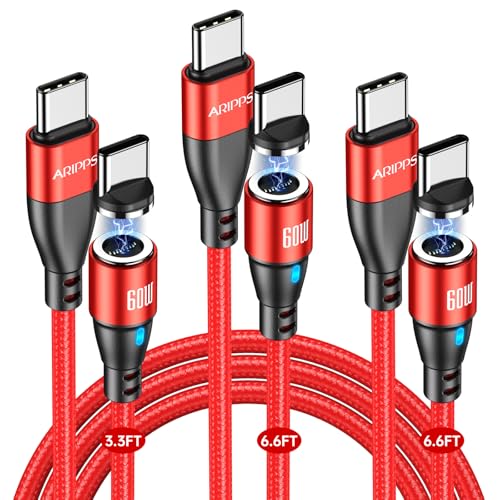 USB C to USB C Magnetic Charging Cable[3-Pack, 3.3ft/6.6ft/6.6ft], Aripps 60W/3A Fast Charging USB Type C Charger Cord Compatible with Samsung Galaxy S21/S21+ Ultra 5G, S20/S20, Pixel & More (Red-60W) – Enhanced Compatibility and Speed