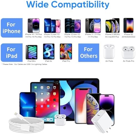 Apple MFi Certified 20 W PD Wall Charger with 3 FT USB C to Lightning Cable – Ultra-Fast Charging Solution for i Phone 14 Pro Max, 14, 13 Mini, 12, 11, XR, XS Max, i Pad Air 3, and Air Pods – Compact & Travel-Friendly Design for Enhanced Device Compatibility and Efficiency