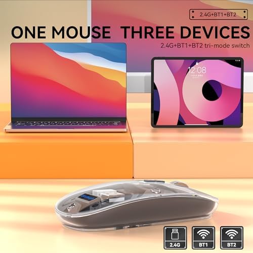 Experience Unmatched Versatility with the Uiosmuph Tri-Mode Bluetooth Mouse – Wireless, USB-C Rechargeable, and Quiet Click Design for Seamless Multi-Device Connectivity – Stylish Transparent Cover and Battery Level Indicator – Perfect for Laptops, Macs, and i Pads – Sleek Yellow Finish for Enhanced Productivity