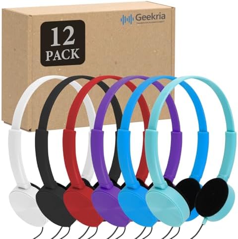 GEEKRIA 12-Pack Classroom-Ready Wired Headphones – Adjustable On-Ear Design for Kids and Students, Perfect for Learning Environments, Libraries, and Group Activities – Durable Headset with Superior Comfort and Device Compatibility for Enhanced Focus and Collaboration