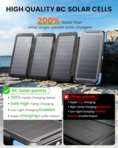 Ultimate SOARAISE 25000 m Ah Solar Power Bank: Fast Wireless Charging with Built-in Cables, Dual USB Outputs, 4 Solar Panels & Triple LED Flashlights for Outdoor Adventures – Reliable Portable Charger for Camping & Emergencies
