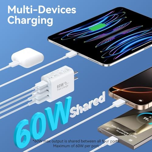 40 W USB C Charger Block – Dual Pack of 4-Port Fast Charging Power Bricks with PD & QC 3.0 Technology for i Phone 16/15/14/13/12/11 Pro Max, i Pad, Galaxy, Pixel – Sleek White & Blue Design for Convenient Multi-Device Charging