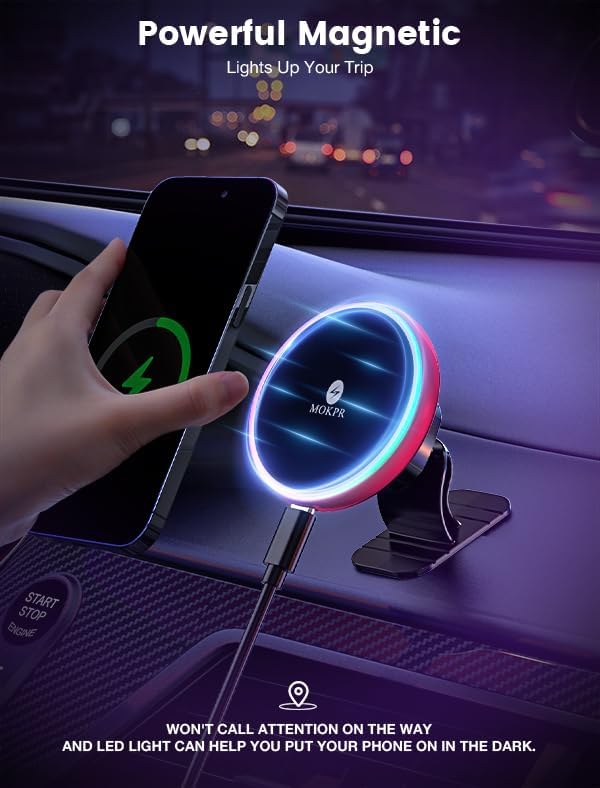 MOKPR 15 W Mag Safe Car Charger & Magnetic Phone Holder – Effortless Fast Wireless Charging with Dynamic LED RGB Lighting for i Phone 15/14/13/12 Series – Stylish Dash & Air Vent Mount for Enhanced Driving Experience and Convenient Accessibility