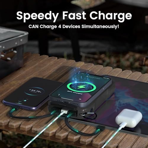 Portable Solar Power Bank 10,000 m Ah – Dual Built-in Cables & Fast 15 W Wireless Charging – Eco-Friendly Design with Cigarette Lighter & 3 LED Flashlight Modes – Perfect for Camping, Emergencies & Everyday Use – Ideal Gift for All Occasions