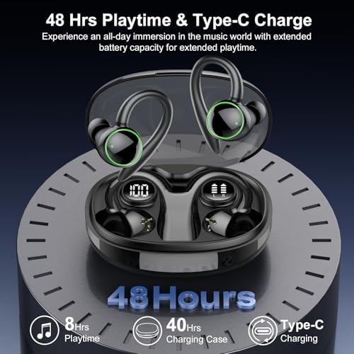 Ultimate Wireless Earbuds with Bluetooth 5.3 – Sport-Ready Headphones Featuring Advanced ENC Noise Cancellation, 48-Hour Battery Life, Secure Fit Earhooks, Deep Bass Sound, and IP7 Waterproofing for Peak Performance – Sleek Black Design for Active Users