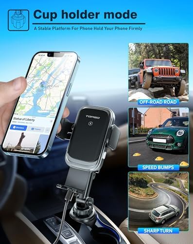TOPGO Adjustable Car Cup Phone Holder – Secure, No-Wobble Smartphone Mount for i Phone 16 & 4.0-7.0 Inch Devices – Enhance Driving Safety with Optimal Visibility and Easy Access – Sleek Black Design for Any Vehicle
