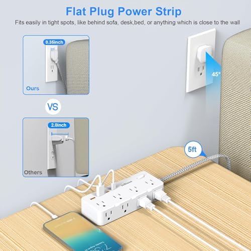 Ultimate Power Strip Surge Protector – 8 Outlet Multi Plug Adapter with 4 Fast-Charging USB Ports (2 USB-C), 5 FT Flexible Extension Cord, 45° Ultra-Slim Flat Plug Design for Seamless Wall Mounting in Office, Travel, or Dorm Settings – Superior Device Protection and Charging Efficiency
