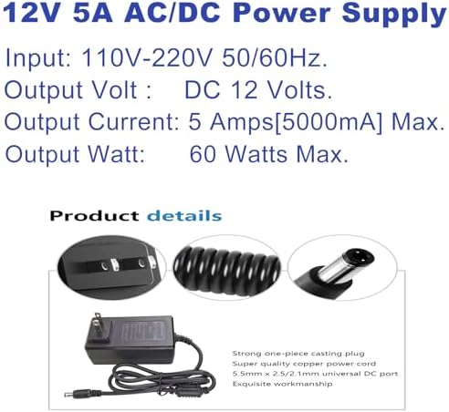 Efficient 12 V 5 A LED Strip Power Supply Adapter – High-Quality AC to DC Converter with 14 Versatile Connection Tips and 5.5 x 2.5 mm Plug (60 W) for Ultimate Lighting Performance and Compatibility Across All Projects