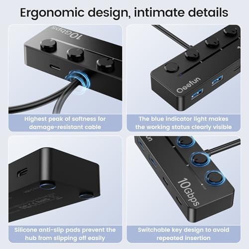Revolutionize Your Connectivity with the Qeefun 4-Port USB 3.0 Hub – High-Speed 5 Gbps Data Transfer, Individual LED Power Switches, and 2 ft Extension Cable for Ultimate Flexibility – Perfect USB Splitter for Laptops, PCs, i Macs, and More! Enhance Your Workspace Efficiency and Control Multiple Devices Effortlessly!