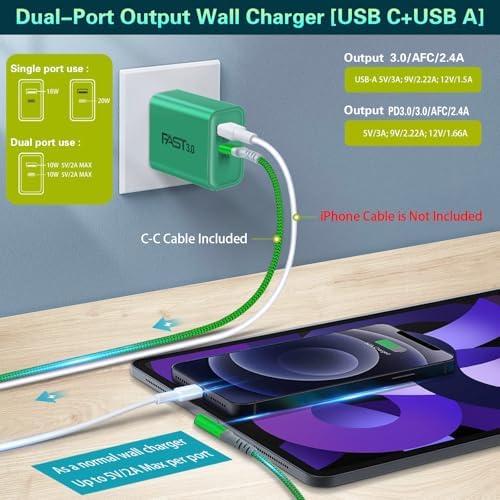Dual Port Fast Charging Wall Adapter with 10 FT Right-Angle USB C Cable – 20 W USB-C Power Block for i Phone 16/15, Samsung Galaxy S25 Ultra, S24, S23, S10 – Efficient Charging Convenience for Home, Office, and Travel