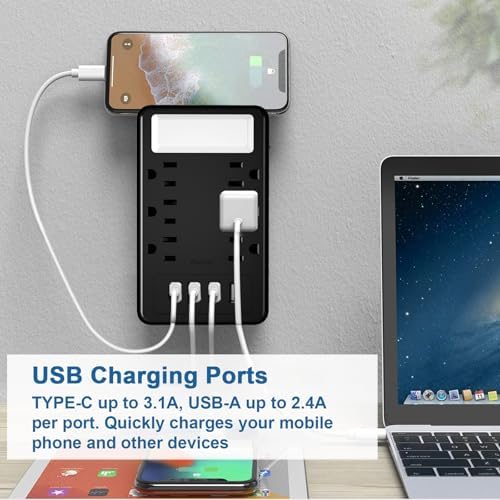 ZHOORQI 6-Outlet Multi Plug Extender with USB-C Fast Charging – Compact Surge Protector for Home, Office & Travel – Versatile Wall Charger with Enhanced Safety Features and Sleek Design for Effortless Device Connectivity