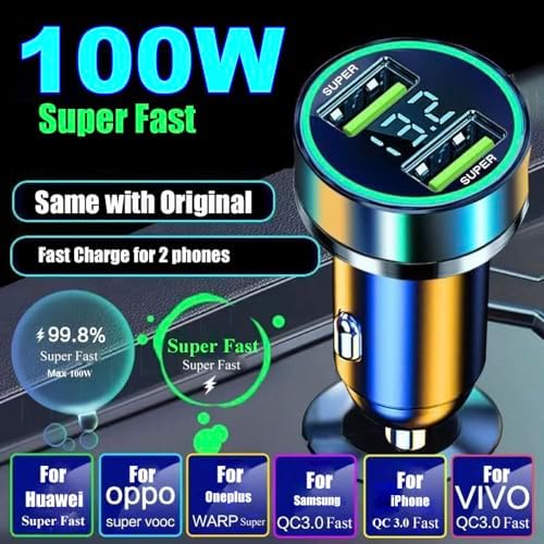 Ultra-Fast Dual Port USB Car Charger with Voltage Display – 100 W Max for Huawei, One Plus, Oppo, Vivo, Samsung & Android Devices – Essential Travel Companion for Quick Charging on the Go