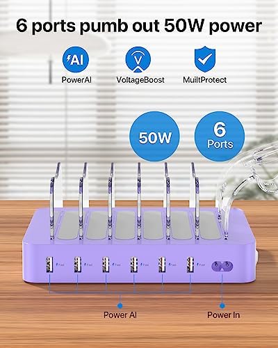 Soo Pii Elegant Pink 6-Port USB Charging Station Organizer – Fast Multi-Device Charging Hub with 6 High-Speed Cables and i-Watch Holder – Ultimate Solution for Neat Workspaces and Efficient Device Management