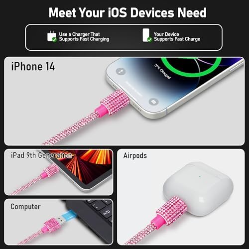 Black Diamond MFi Certified Fast Charging Cable for i Phone – 4 FT USB-A to Lightning Cord with Sparkling Rhinestone Design, Compatible with i Phone 14, 13, 12, 11 Pro Max, XR, XS, X, 8, and 7 – Durable and Stylish Charging Solution for Rapid Power Delivery