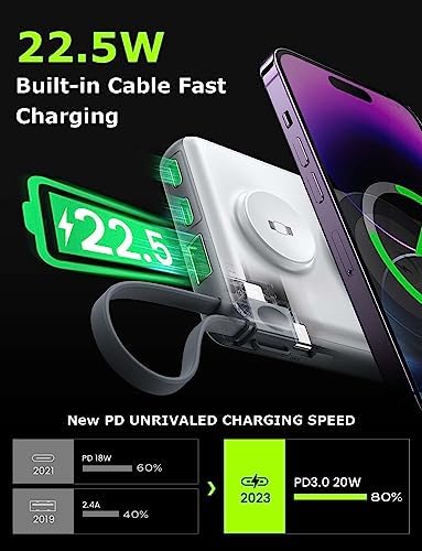 LISEN Mag Safe Wireless Power Bank – 10,000 m Ah Fast Charging Portable Charger for i Phone 16, 15, 14 Pro Plus & Apple Watch – Sleek Design with Built-in Cable, 22.5 W Rapid Charging, Enhanced Compatibility for Seamless On-the-Go Power Solutions
