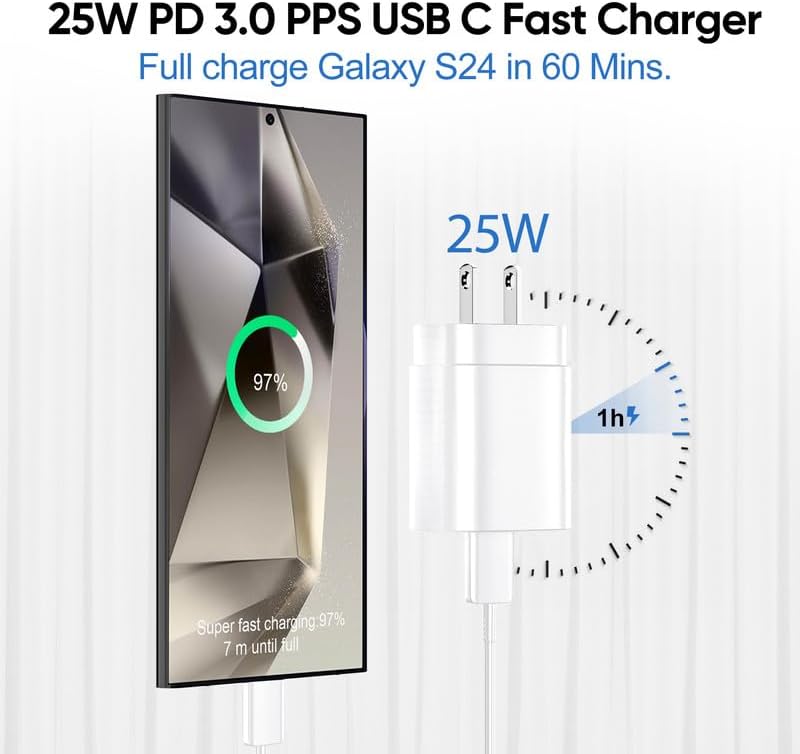 Experience Rapid Charging with Auorld 25 W Super Fast USB-C Charger & 10 FT Type-C Cable for Samsung Galaxy Devices – Ultimate Compatibility for S24, S23, S22, S21, S20, Note10, and Note20 – Portable, Durable, and Safe Power Solution for On-the-Go Use