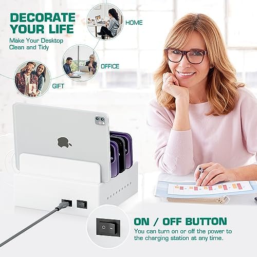 Sustainable Bamboo USB Charging Hub with 7 Ports – Elegant Multi-Device Organizer for Smartphones, Tablets, Smartwatches, and Earbuds – Fast Charging Solution with Dedicated Holders for Tidy Power Management and Stylish Home Décor