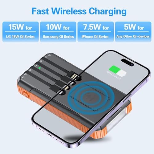 High-Capacity Solar Power Bank with 52800 m Ah – Fast Wireless Charger Featuring 4 Built-In Cables, 7 Outputs, and 22.5 W Quick Charge – Dual Flashlights for Outdoor Adventures (Vibrant Orange) – Ultimate Versatility for All Mobile Devices
