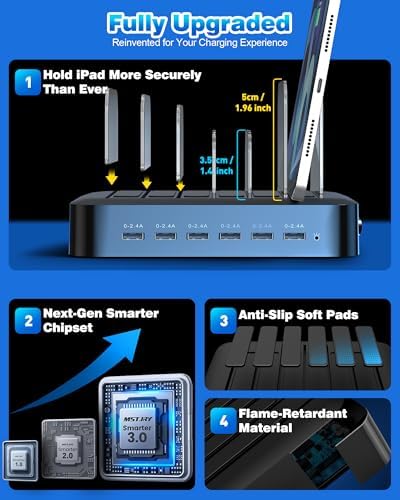 MSTJRY Multi-Device Charging Station: 6-Port USB Fast Charger Hub for Family Organization – Sleek Black Dock for i Phone, i Pad, Android, and Tablets – Smart Charging Technology with Safety Features for Efficient Power Management