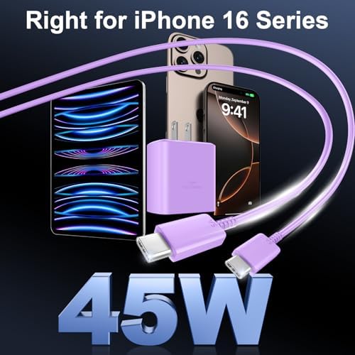 Accelerate Your Power Needs with Our 45 W Ultra-Fast USB-C Charger for Phone 16 Series – Includes a 10 ft Type C Cable in Eye-Catching Purple – Perfectly Crafted for Swift Power Delivery to Phone 16 Pro, Max, Plus & Earlier Models – Unleash Maximum Charging Efficiency and Aesthetic Appeal for Tech Enthusiasts on the Move