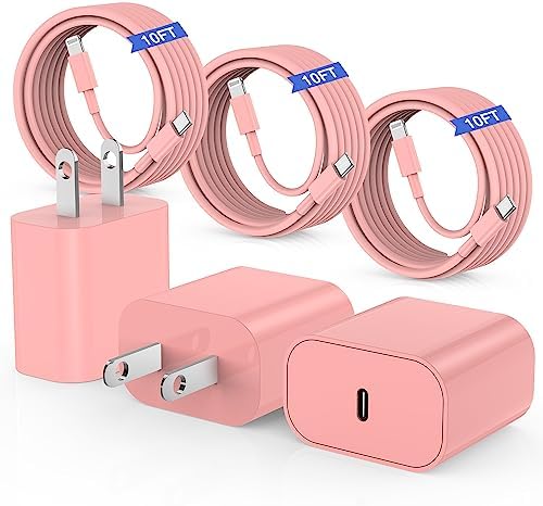 Ultra-Fast 20 W i Phone Charger with 10 ft USB C to Lightning Cable – Stylish Pink Fast Charging Block for i Phone 14 Pro Max, 13, 12, 11, XS, SE, i Pads & Air Pods – Unmatched Compatibility & Durability for On-the-Go Power