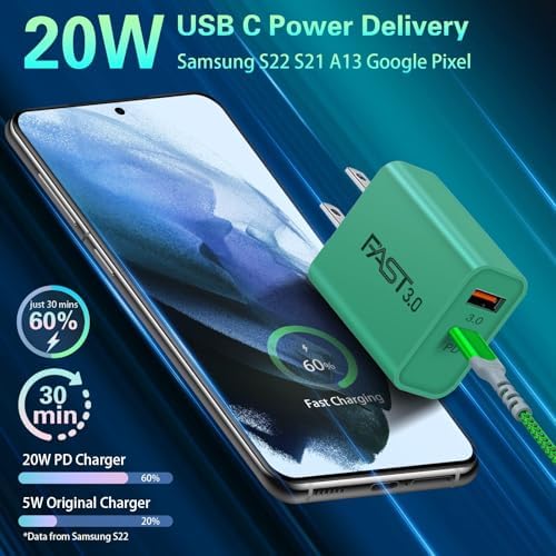 Dual Port Fast Charging Wall Adapter with 10 FT Right-Angle USB C Cable – 20 W USB-C Power Block for i Phone 16/15, Samsung Galaxy S25 Ultra, S24, S23, S10 – Efficient Charging Convenience for Home, Office, and Travel