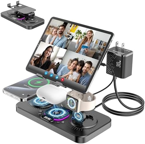 Multi-Device Wireless Charging Station with Clock & 7-Color Ambient Light for i Phone 16/15/14, Apple Watch 10/9/8, and Air Pods 4/3/2 – High-Speed 30 W Dock for i Pad and Samsung Devices, Stylish Desk Organizer with Soothing Illumination