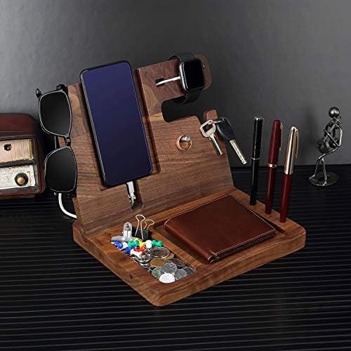 Personalized Wooden Charging Docking Station for Dads – Elegant Nightstand Organizer with Fast-Charging Capability, Multi-Compartment Design for Smartphones, Smartwatches, Keys & Wallets – Ideal Custom Father’s Day Gift or Birthday Surprise, Durable Home Essential