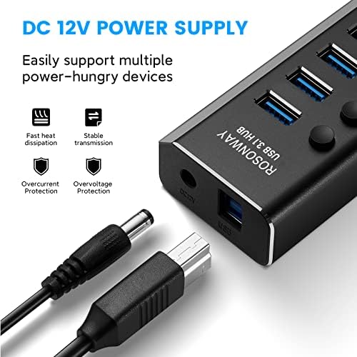 Maximize Your Connectivity with the Rosonway 10-Port Powered USB Hub – Fast 10 Gbps Data Transfer, 36 W Power Adapter, Type A & C Compatibility, Sleek Aluminum Design for PC & Laptop Efficiency