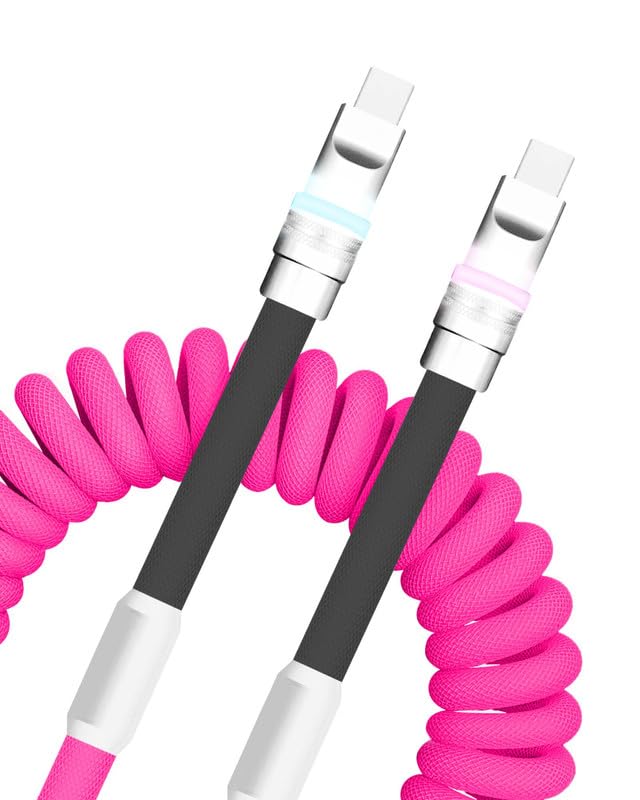 Neon Chubby Spiral Charge Cable – Vibrant 2.29-3.6 FT Type-C Coiled Charger for USB-C and Carplay Devices, Fast Sync and Charge, Tangle-Free Design in Bold Purple and Light Green, Perfect for Smartphones and Tablets