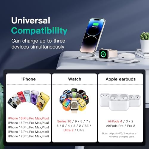 Versatile 3-in-1 Magnetic Charging Station: Travel-Friendly Wireless Charger for i Phone 16/15/14/13/12, Apple Watch & Air Pods 4/3/2 – Foldable & Chic Pink Design for Seamless Power on the Go – Enhanced Speed & Compatibility for All Your Apple Devices