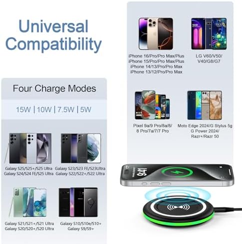 15 W Dual Wireless Charger Pad for Samsung Galaxy S25/S24/S23/S22/S21/i Phone 16 Pro Max – Enhanced Fast Charging Station Compatible with Google Pixel 9 Series – Non-Slip Design & Universal USB-C Port for Optimal Performance – Sleep-Friendly, Efficient Charging Solution for Home, Office, and Travel Experience cutting-edge technology with this 15 W Wireless Charger Pad designed for rapid charging of Samsung Galaxy and i Phone devices, including Pixel 9 variants. The fast charging station delivers multiple output modes (15 W, 10 W, 7.5 W, 5 W) to ensure compatibility across a wide range of smartphones. Featuring a sleek, non-slip silicone base that ensures stability, this charger is perfect for any surface. The intelligent LED indicators provide clear charging status, making it user-friendly even in low-light conditions. Additionally, the included 3 ft USB-C cable offers convenience and flexibility, allowing you to charge while using your device. Ideal for both personal and professional use, this wireless charging pad is a must-have accessory for tech-savvy individuals seeking efficiency and reliability. Elevate your charging experience today!