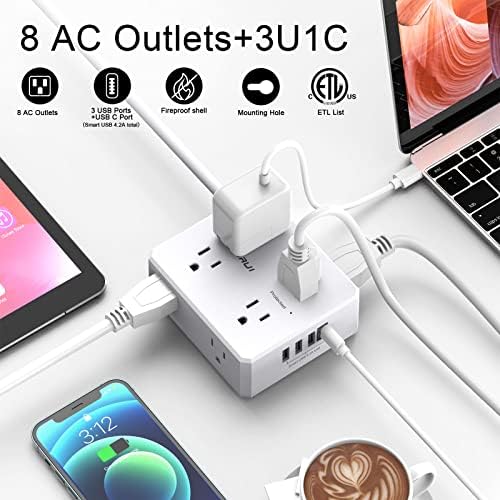 Maximize Your Power Management with a 6 Ft Surge Protector Power Strip – 8 Outlet Extension Cord Featuring 4 Fast USB Charging Ports (1 USB-C), Ideal for Home Office Convenience and Safety, ETL Listed for Enhanced Surge Protection and Compatibility