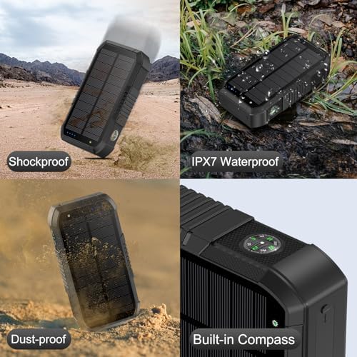 Ultimate Solar Power Bank 66800 m Ah with Hand Crank & 4 Charging Cables – 22.5 W Fast Charge for Camping, Emergency Preparedness, and Outdoor Adventures – Equipped with SOS Strobe Light, Strong Flashlight, and Compass – Rugged & Reliable Portable Charger for All USB Devices