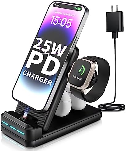 MSTJRY 4-in-1 Foldable Fast Charging Station for Apple Devices – 25 W PD Charger Dock for i Phone 14/13/12/11/X/8, Apple Watch, Air Pods & Earbuds – Ultimate Multi-Device Power Solution for Home, Office & Travel