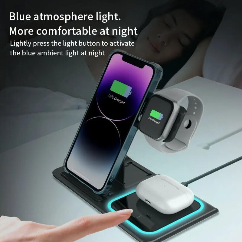 Ultimate 3-in-1 Foldable Wireless Charging Dock for Apple Devices with Built-In LED Night Light – Fast, Compact, and Stylish Charger for i Phone, Apple Watch, and Air Pods – Perfect for Home and Travel – Sleek White Finish for Modern Aesthetics and Organized Spaces