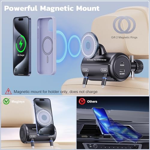 Ultimate 5-in-1 Backseat Car Charging Hub with 100 W Power Output and Mag Safe Mount – Fast Charging Solution for Rideshare Drivers and Passengers, Dual PD/QC Ports for All Smartphone Brands, Compact and Retractable Design for Taxis, Ubers, and Lyfts