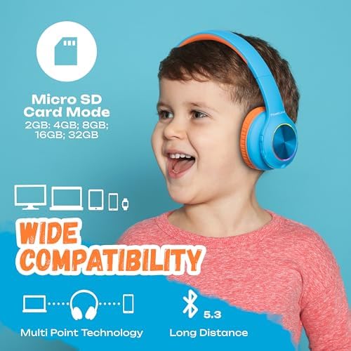 Vibrant Power Locus PLED Kids Bluetooth Headphones – Safe Volume Control (74/85/94 d B), Fun LED Lights, Hi-Fi Sound, Built-in Microphone & Multi-Connectivity for Travel, Learning & Play – Perfect Over-Ear Design for Children
