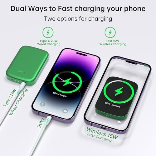 Magnetic 10,000 m Ah Fast Charging Power Bank for i Phone 15/14/13/12 – 20 W Wireless Portable Charger with USB-C Dual Ports & Cable – Effortless Magnetic Attachment for On-the-Go Power Efficiency