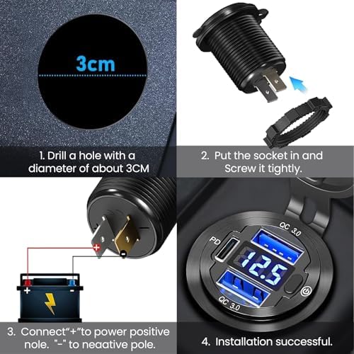 Versatile 12 V USB Car Socket with 3 Ports – Waterproof Marine-Grade Aluminum Quick Charge Adapter for Cars, Boats, RVs, and More (2 QC + 1 PD) – Efficient Multi-Device Charging Solution for On-the-Go Power Needs