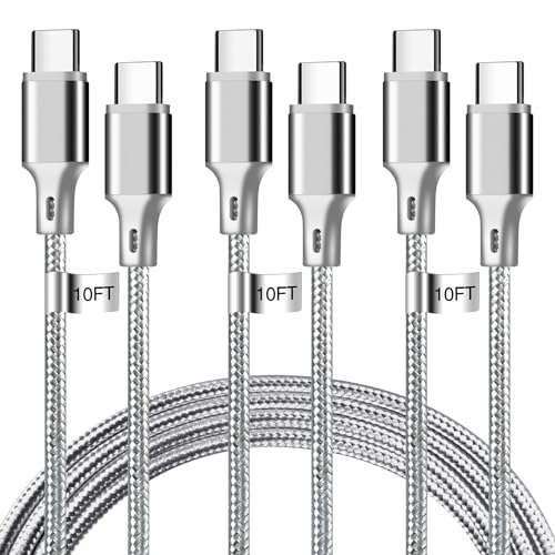 High-Speed 10 FT USB C to USB C Charger Cable – Durable Nylon Braided 3-Pack for Rapid 60 W Charging – Compatible with i Phone 15/16, i Pad Pro, Mac Book, Samsung & Google Devices – Sleek Black Design for Ultimate Flexibility and Reliability