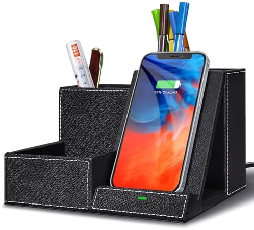 Premium PU Leather Wireless Charging Station & Desk Organizer for i Phones – Fast, Stylish Charging Dock with Integrated Pen Holder – Ideal Gift for Men and Essential Office Accessory in Elegant Black – Boost Productivity & Organize Your Workspace